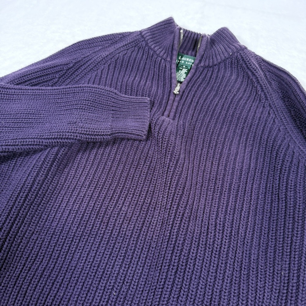 Lauren Ralph Lauren Purple Cotton Shaker Knit Quarter Zip Sweater Mens Medium